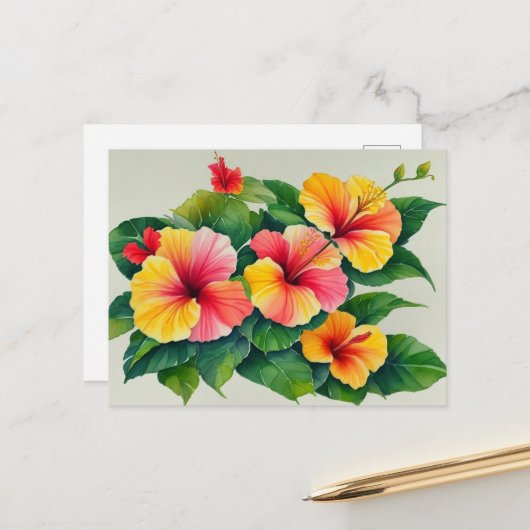 Carte Postale Aquarelle Flore Tropicale Hibiscus Rouge Jaune (Devant/Arrière en situation)