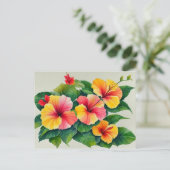 Carte Postale Aquarelle Flore Tropicale Hibiscus Rouge Jaune (Debout devant)