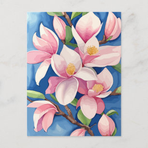 Carte Postale Aquarelle florissante Magnolia rose