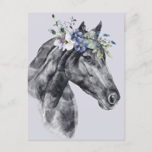 Carte Postale Aquarelle Flower Crown Black Horse Portrait