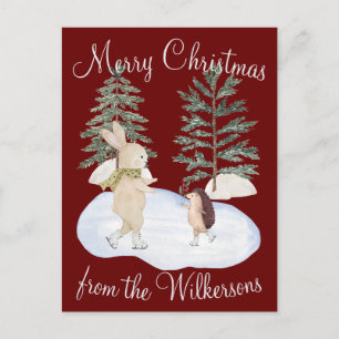 Carte Postale Aquarelle Forêt de patinage sur glace Animaux en B