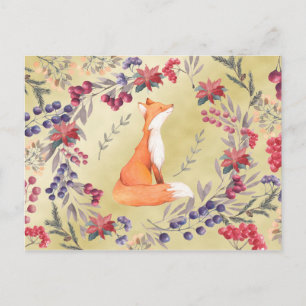 Carte Postale Aquarelle Fox Winter Berries Gold