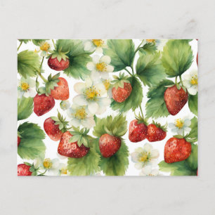 Carte Postale Aquarelle fraise fruit et fleurs de fraise