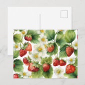 Carte Postale Aquarelle Fruit de fraise et fleurs de fraisier (Devant / Derrière)