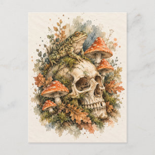 Carte postale aquarelle Grenouille, Crâne & Champi