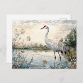 Carte Postale Aquarelle Grue Sandhill sur un étang (Devant / Derrière)