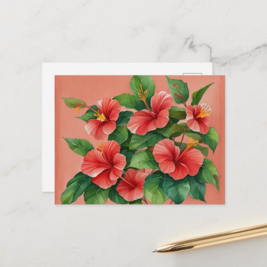 Carte Postale Aquarelle Hawaï Tropical Hibiscus Rouge (Devant/Arrière en situation)