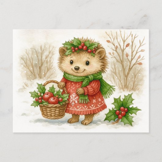 Carte postale aquarelle Hérisson de Noël (Devant)