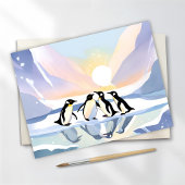 Carte Postale Aquarelle hiver Pingouins | Neige et glace