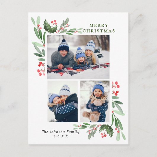 Carte Postale Aquarelle Holly Berry Noël 3 PHOTO Salutation (Devant)