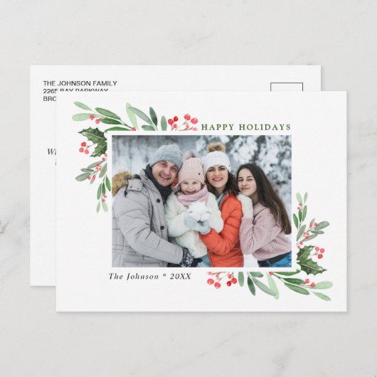 Carte Postale Aquarelle Holly Berry Noël PHOTO Salutation (Devant / Derrière)