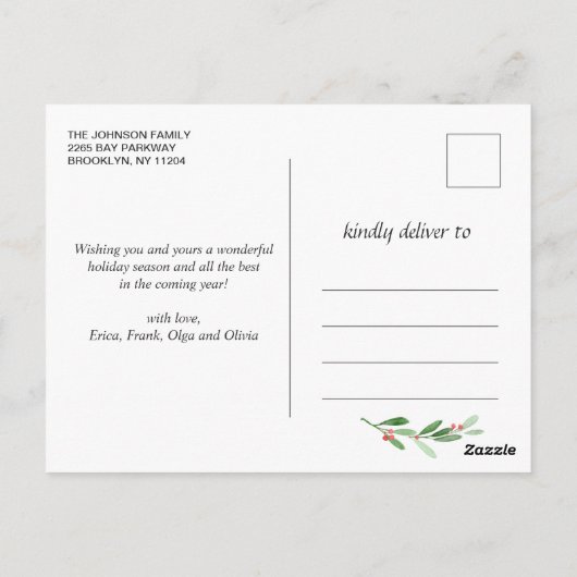 Carte Postale Aquarelle Holly Berry Noël PHOTO Salutation (Dos)