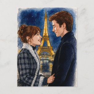 Carte postale aquarelle homme femme Paris Amour ro