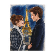 Carte postale aquarelle homme femme Paris Amour ro