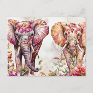 Carte Postale Aquarelle Illustration d'un éléphant avec des fleu