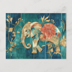 Carte Postale Aquarelle Illustration d'un éléphant avec des fleu