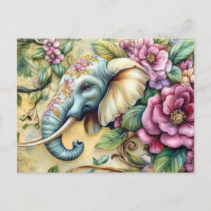 Carte Postale Aquarelle Illustration d'un éléphant avec des fleu