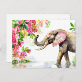 Carte Postale Aquarelle Illustration d'un éléphant avec des fleu (Devant / Derrière)