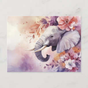 Carte Postale Aquarelle Illustration d'un éléphant avec des fleu