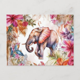 Carte Postale Aquarelle Illustration d'un éléphant dans la jungl
