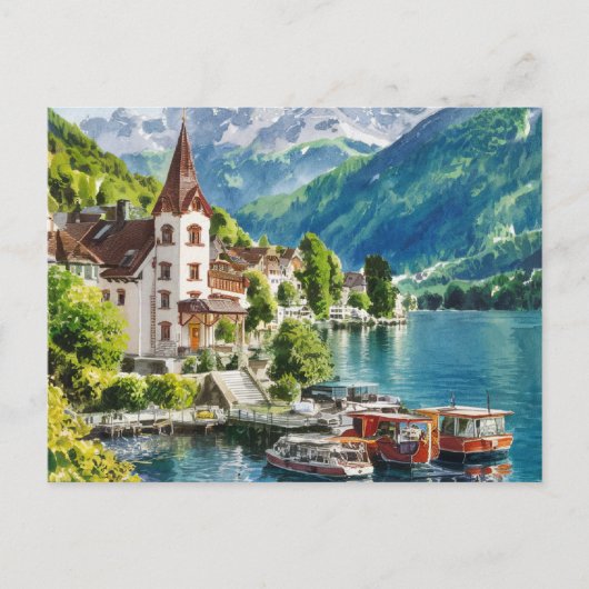 Carte Postale Aquarelle Interlaken Suisse (Devant)