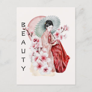 Carte Postale Aquarelle japonaise de Geisha avec Kimono et Sakur
