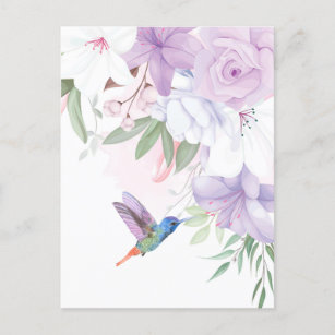 Carte Postale Aquarelle Jardin Fleurs Oiseau de colibri