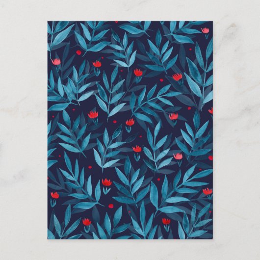 Carte Postale Aquarelle jardin nocturne - turquoise, bleu et rou (Devant)