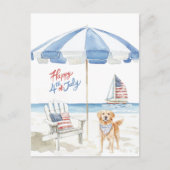 Carte Postale Aquarelle Joyeux 4 juillet Plage Chien patriotique (Devant)