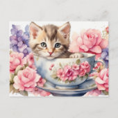 Carte Postale Aquarelle Kitten en Teacup avec Fleurs (Devant)