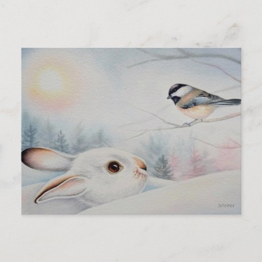 Carte Postale Aquarelle Lapin à Pattes Blanches & Mésange à Tête (Devant)