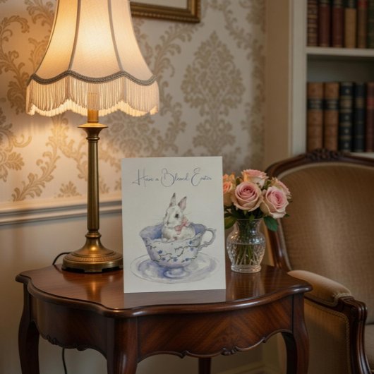 Carte Postale Aquarelle Lapin de Pâques en Teacup