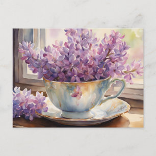 Carte Postale Aquarelle Lilac Fleurs dans une Teacup Vintage