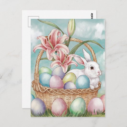Carte Postale Aquarelle Lily & Oeufs Pastel avec lapin dans le p (Devant / Derrière)