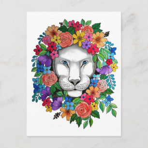 Carte Postale Aquarelle Lion Et Fleurs Arc En Ciel