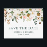 Carte Postale Aquarelle Magnolias Roses Enregistrer La Date Vert<br><div class="desc">Elégante aquarelle Roses roses et Magnolias blancs Save The Date Mariage Faire-part Carte postale comprend la verdure botanique et les feuilles d'eucalyptus.</div>