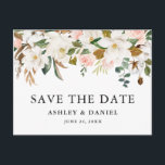 Carte Postale Aquarelle Magnolias Roses Roses Rose Enregistrer L<br><div class="desc">Elégante aquarelle Roses roses et Magnolias blancs Save The Date Mariage Faire-part Carte postale comprend la verdure botanique et les feuilles d'eucalyptus.</div>
