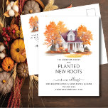 Carte Postale Aquarelle Maison d'automne Moving Faire-part<br><div class="desc">Cette faire-part chaleureuse présente une scène d'aquarelle d'automne avec une maison dans l'arrière - plan. Les mots "Notre Famille A Planté De Nouvelles Racines". C'est la façon idéale de faire connaître votre déménagement à vos amis et à votre famille. Ce sera certainement un succès pour tous ceux qui le reçoivent....</div>