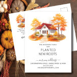 Carte Postale Aquarelle Maison d'automne Moving Faire-part<br><div class="desc">Cette faire-part chaleureuse présente une scène d'aquarelle d'automne avec une maison dans l'arrière - plan. Les mots "Notre Famille A Planté De Nouvelles Racines". C'est la façon idéale de faire connaître votre déménagement à vos amis et à votre famille. Ce sera certainement un succès pour tous ceux qui le reçoivent....</div>