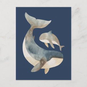 Carte Postale Aquarelle Mama Baleine et Calf Cute Marine Bleu