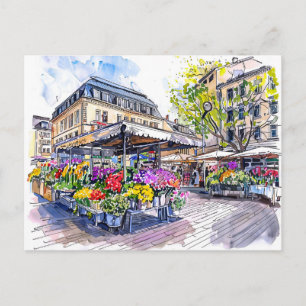 Carte Postale Aquarelle Marché de Berlin Fleurs d'Été