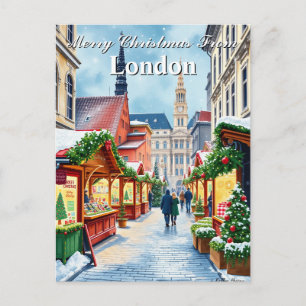 Carte Postale Aquarelle Marché de Noël Londres Royaume-Uni Vinta