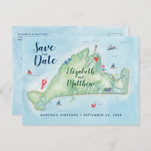 Carte Postale Aquarelle Marthas Vignoble Enregistrer la date (Devant / Derrière)