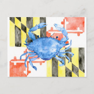 Carte Postale Aquarelle maryland drapeau et crabe bleu
