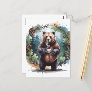 Carte Postale Aquarelle Mélange Ours Brown Avec Café