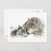 Carte Postale Aquarelle Mère Wolf & Cubs Animal Art (Devant / Derrière)