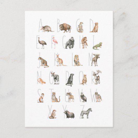 Carte Postale Aquarelle mignonne Alphabet animal (Devant)