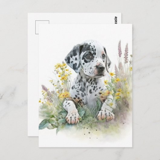 Carte Postale Aquarelle mignonne Floral Dalmatien Chien chiot (Devant / Derrière)