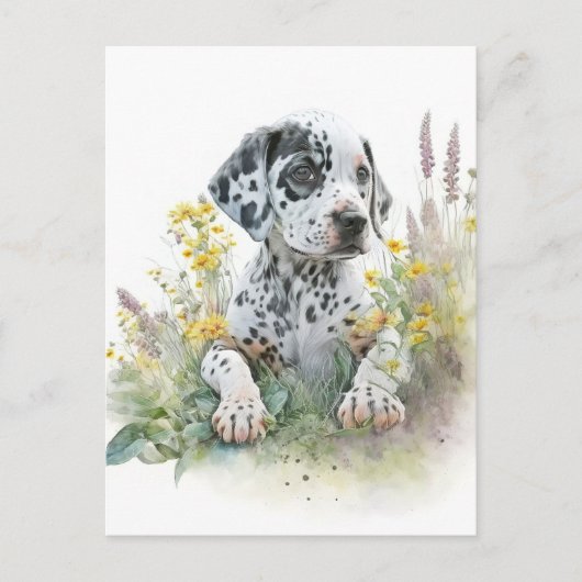 Carte Postale Aquarelle mignonne Floral Dalmatien Chien chiot (Devant)
