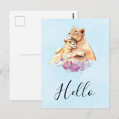 Carte Postale Aquarelle mignonne Mère Lion & Cub Bonjour (Devant / Derrière)